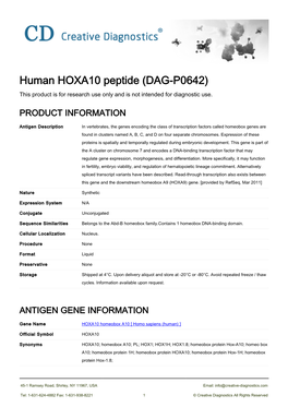 Human HOXA10 Peptide (DAG-P0642) This Product Is for Research Use Only and Is Not Intended for Diagnostic Use
