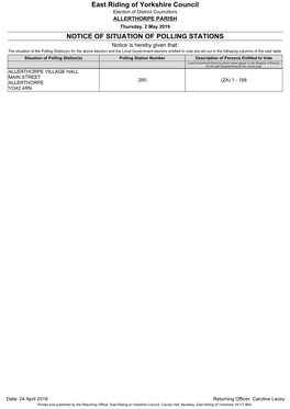 NOTICE of SITUATION of POLLING STATIONS East Riding of Yorkshire