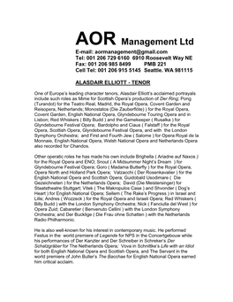 AOR Management Ltd E-Mail: Aormanagement@Gmail.Com Tel: 001 206 729 6160 6910 Roosevelt Way NE Fax: 001 206 985 8499 PMB 221 Cell Tel: 001 206 915 5145 Seattle