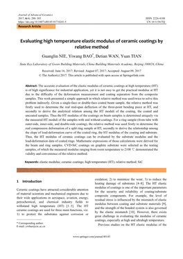 Evaluating High Temperature Elastic Modulus of Ceramic Coatings by Relative Method Guanglin NIE, Yiwang BAO*, Detian WAN, Yuan TIAN