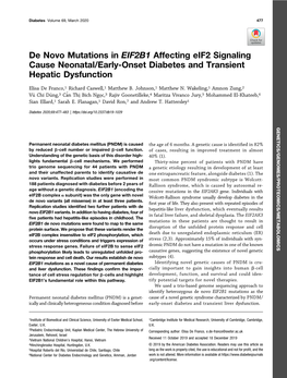 De Novo Mutations in EIF2B1 Affecting Eif2 Signaling Cause Neonatal/Early-Onset Diabetes and Transient Hepatic Dysfunction