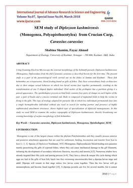 SEM Study of Diplozoon Kashmirensis (Monogenea, Polyopisthocotylea) from Crucian Carp, Carassius Carassius