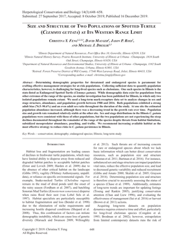 Size and Structure of Two Populations of Spotted Turtle (Clemmys Guttata) at Its Western Range Limit