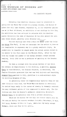 The Museum of Modern Art 14 West 49Th Street, New York Telephone: Circle 7-7470 for Immediate Release
