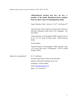 Albirhodobacter Marinus Gen. Nov., Sp. Nov., a Member of the Family Rhodobacteriaceae Isolated from Sea Shore Water of Visakhapatnam, India