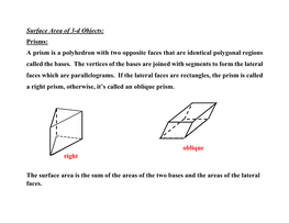 Surface Area of 3-D Objects: Prisms: a Prism Is a Polyhedron with Two Opposite Faces That Are Identical Polygonal Regions Called the Bases