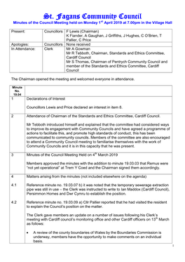 St. Fagans Community Council Minutes of the Council Meeting Held on Monday 1St April 2019 at 7.00Pm in the Village Hall