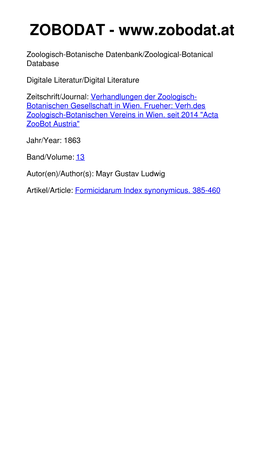 Formicidarum Index Synonymicus. 385-460 © Zool.-Bot