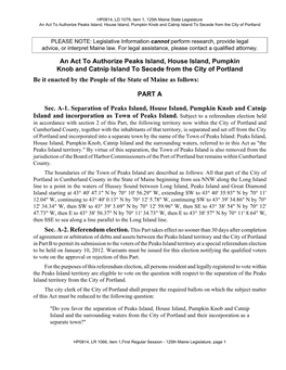 An Act to Authorize Peaks Island, House Island, Pumpkin Knob and Catnip Island to Secede from the City of Portland Be It Enacted