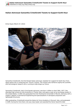 Italian Astronaut Samantha Cristoforetti Tweets to Support Earth Hour Published on Iitaly.Org (