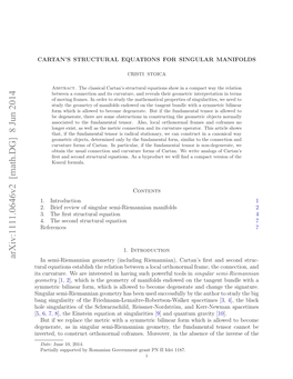 Cartan's Structural Equations for Singular Manifolds