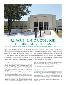 PARIS JUNIOR COLLEGE District Service Plan for Delta, Hopkins, Hunt, Lamar, & Red River Counties and Fannindel & Honey Grove Isds