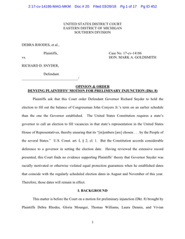 1 UNITED STATES DISTRICT COURT EASTERN DISTRICT of MICHIGAN SOUTHERN DIVISION DEBRA RHODES, Et Al., Plaintiffs, Case No. 17-Cv-1