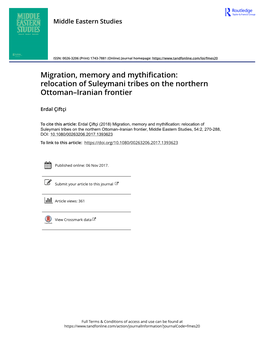 Migration, Memory and Mythification: Relocation of Suleymani Tribes on the Northern Ottoman–Iranian Frontier