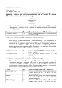 Codice A16000 D.D. 26 Aprile 2018, N. 154 Elenco Dei Comuni Che Hanno