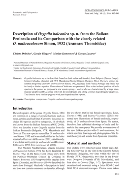 Description of Ozyptila Balcanica Sp. N. from the Balkan Peninsula and Its Comparison with the Closely Related O