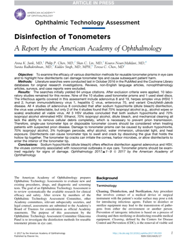 Disinfection of Tonometers a Report by the American Academy of Ophthalmology