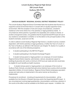 Lincolnsudbury Regional School District Residency Policy