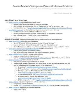 German Research Strategies and Sources for Eastern Provinces: Pomerania, Posen, Brandenburg, West Prussia, East Prussia, Silesia