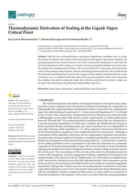 Thermodynamic Derivation of Scaling at the Liquid–Vapor Critical Point