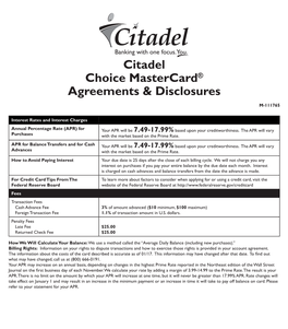 Citadel Choice Mastercard® Agreements & Disclosures