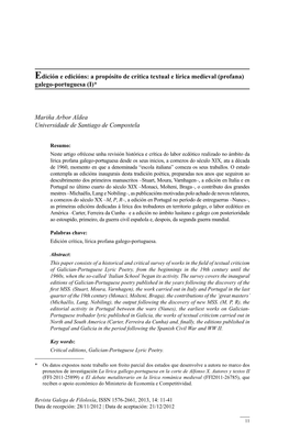 A Propósito De Crítica Textual E Lírica Medieval (Profana) Galego-Portuguesa (I)*