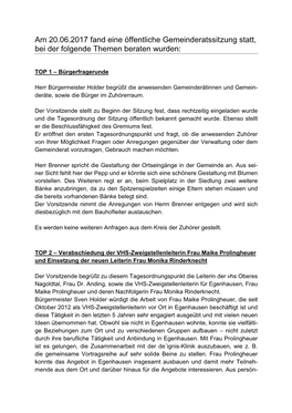 Am 20.06.2017 Fand Eine Öffentliche Gemeinderatssitzung Statt, Bei Der Folgende Themen Beraten Wurden