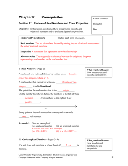 Chapter P Prerequisites Course Number