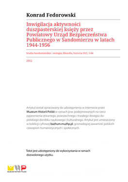 Konrad Fedorowski Inwigilacja Aktywności Duszpasterskiej Księży Przez Powiatowy Urząd Bezpieczeństwa Publicznego W Sandomierzu W Latach 1944-1956