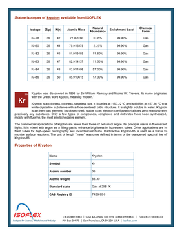 Stable Isotopes of Krypton Available from ISOFLEX Properties of Krypton