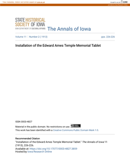 Installation of the Edward Ames Temple Memorial Tablet