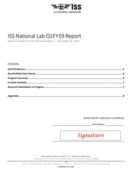 ISS National Lab Q1FY19 Report Quarterly Report for the Period October 1 – December 31, 2018