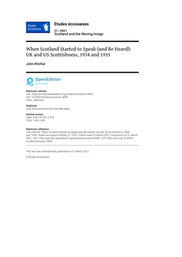 Études Écossaises, 21 | 2021 When Scotland Started to Speak (And Be Heard): UK and US Scottishness, 1934 A