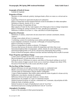 Oceanography 200, Spring 2008 Armbrust/Strickland Study Guide Exam 1