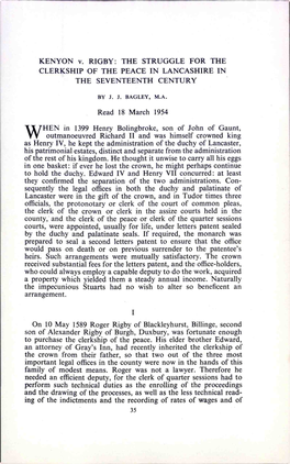 KENYON V. RIGBY: the STRUGGLE for the CLERKSHIP of the PEACE in LANCASHIRE in the SEVENTEENTH CENTURY