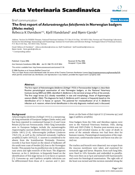 The First Report of Aelurostrongylus Falciformis in Norwegian Badgers (Meles Meles) Rebecca K Davidson*1, Kjell Handeland1 and Bjørn Gjerde2