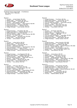 Southeast Texas League Draft Results 06-Mar-2014 12:57 AM ET