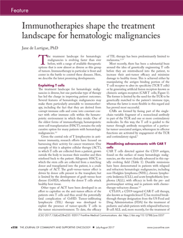 Immunotherapies Shape the Treatment Landscape for Hematologic Malignancies Jane De Lartigue, Phd