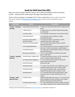 Seeds for MHS Seed Sale 2021 Many, but Not All, Varieties Reference a Photo