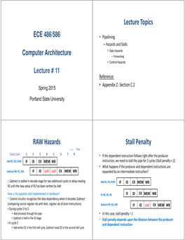 Lecture Topics RAW Hazards Stall Penalty