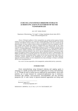 Curcuma Angustifolia Rhizome Extracts As Reducing Agent in Synthesis of Silver Nanoparticles