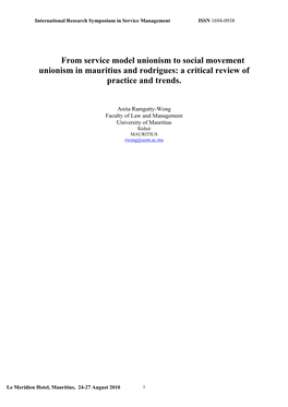 From Service Model Unionism to Social Movement Unionism in Mauritius and Rodrigues: a Critical Review of Practice and Trends