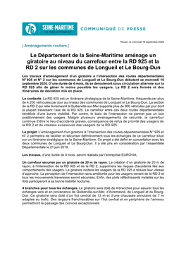 Le Département De La Seine-Maritime Aménage Un Giratoire Au Niveau Du Carrefour Entre La RD 925 Et La RD 2 Sur Les Communes De Longueil Et Le Bourg-Dun