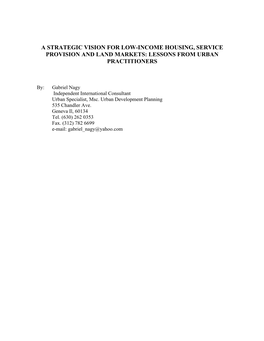 A Strategic Vision for Low-Income Housing, Service Provision and Land Markets: Lessons from Urban Practitioners