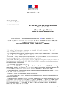 Arrêté Préfectoral Du 13/11/2019 Portant Autorisation D'exploiter Un