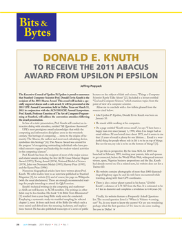 Donald Knuth to Receive the 2011 Abacus Award from Upsilon Pi Epsilon