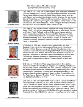Hall of Fame Class of Brief Biographies (Complete Biographies Coming Soon)