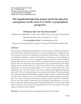 The Saptakoshi High Dam Project and Its Bio-Physical Consequences in the Arun River Basin: a Geographical Perspective