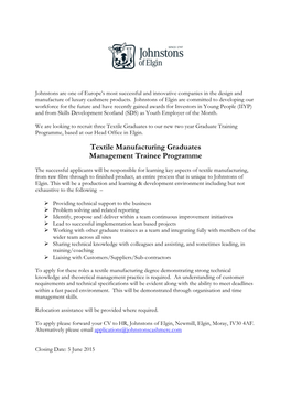 Textile Manufacturing Graduates Management Trainee Programme