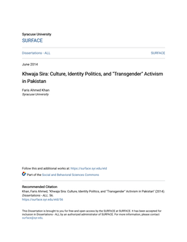 Khwaja Sira: Culture, Identity Politics, and "Transgender" Activism in Pakistan